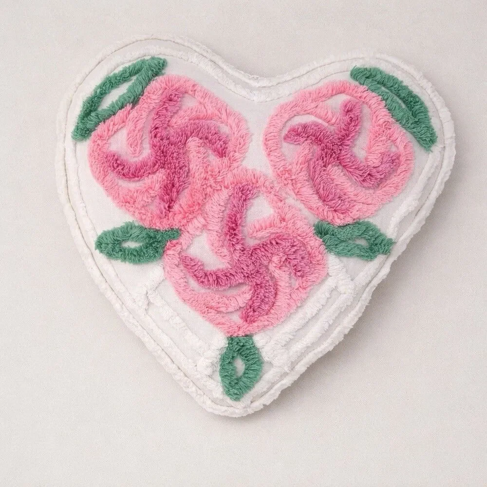 Vintage Chenille Heart Love Pillow Floral Cottagecore Shabby Chic Spring Decor